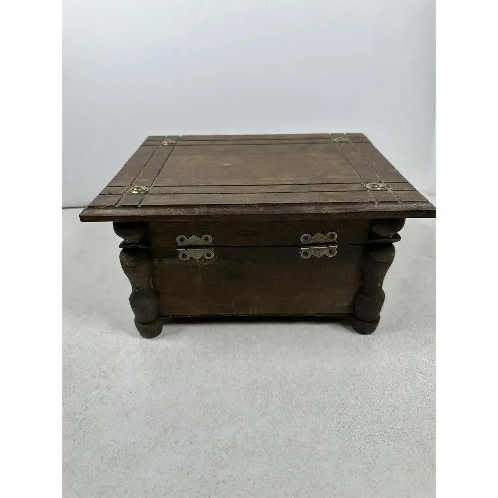 Vintage Wooden Jewelry Box With Lion Pulls Rustic Red Lined 10x7.75